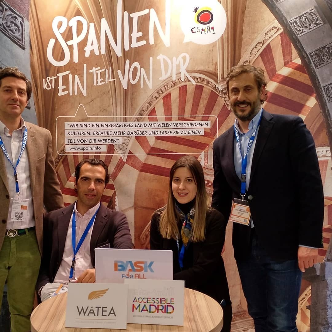Accessible Madrid team and Bask For All (specialized company in accessibility and accessible Tourism), posing at an international event on accessibility