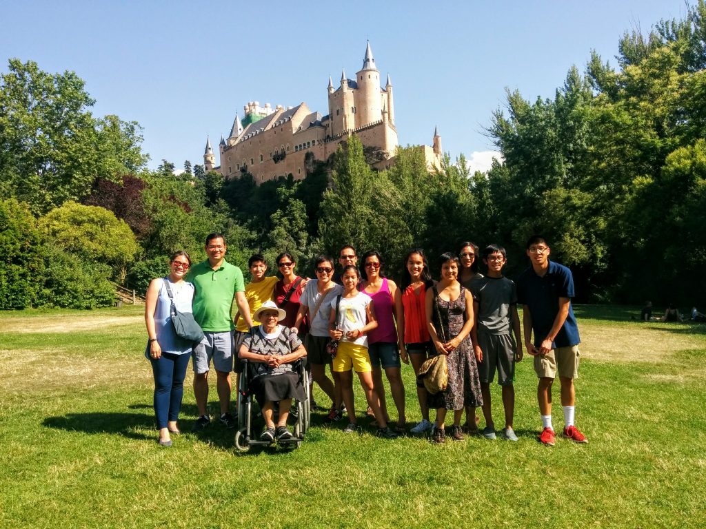 Grupo de personas de un fan trip posan con Segovia al fondo